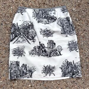 Woman’s 100% Silk French Country Toile Black Creamy White Skirt Size 6